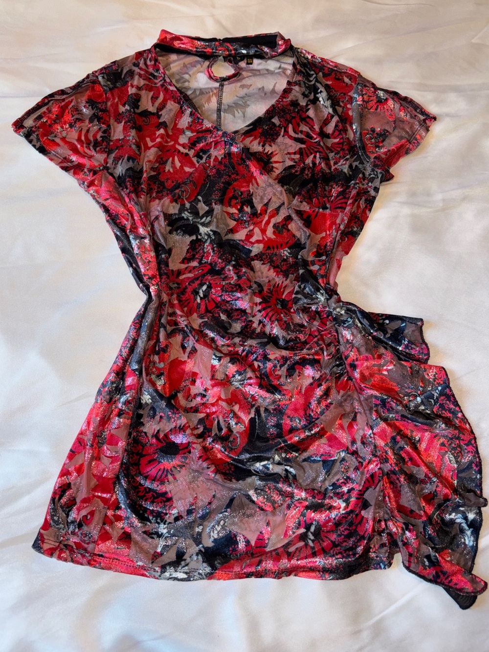 Y2K Champagne Red Floral Mesh Top | Asian Inspired Fairy Grunge M